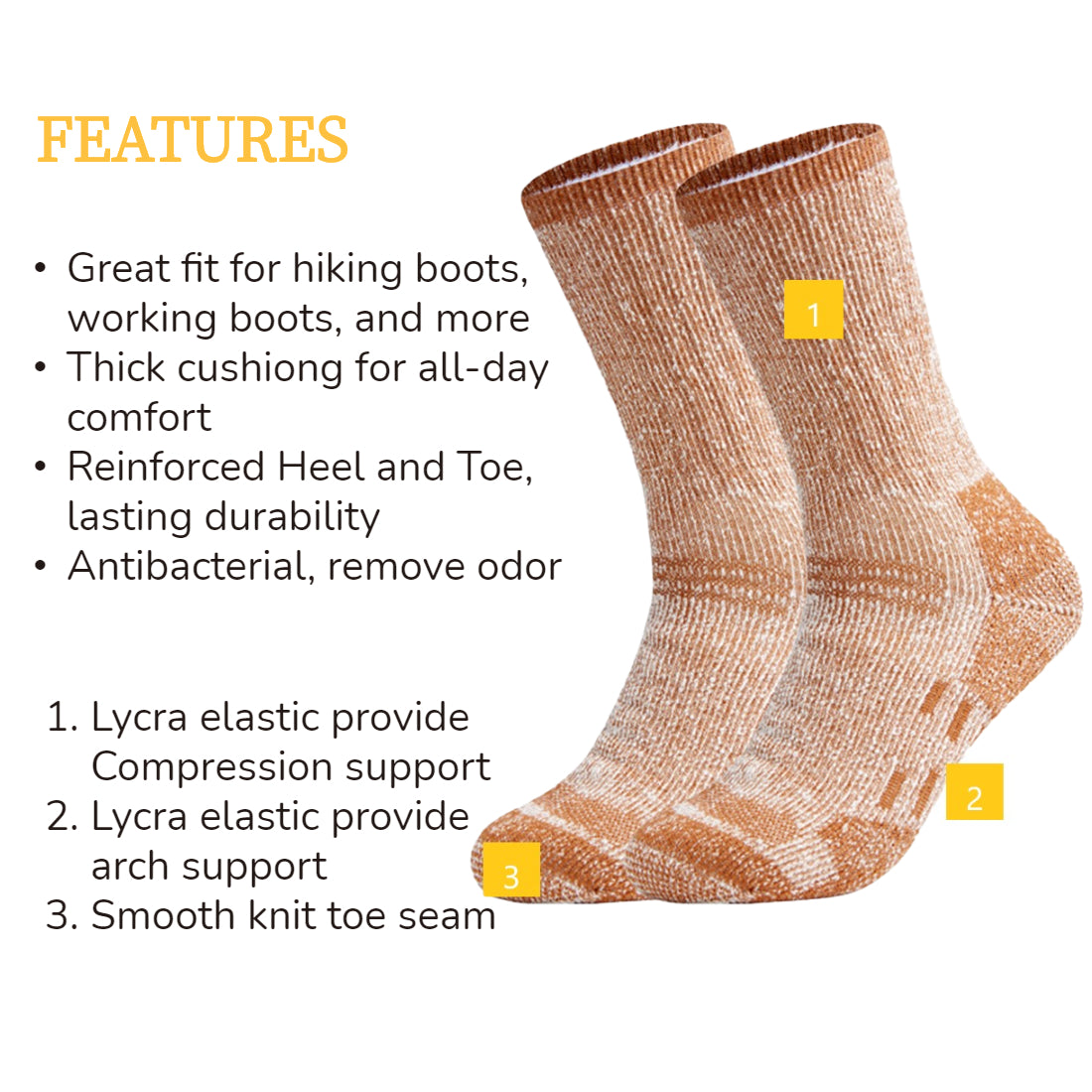 SOLAX 2 pairs Merino wool-blend socks
